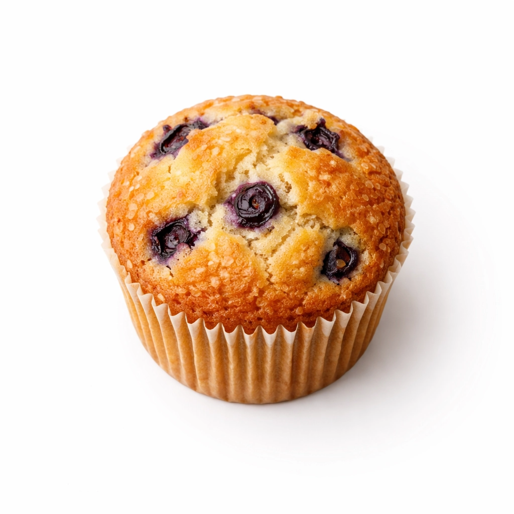 Top view of blueberry muffin with golden crust on white background