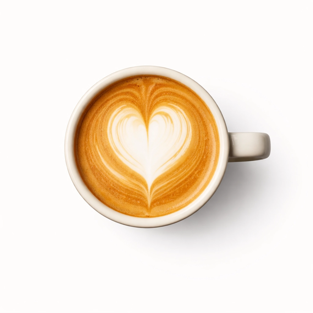 Top view of cappuccino with smooth microfoam in a ceramic cup on a white background