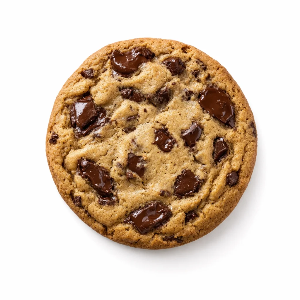 Top view of chocolate chip cookie with melted chocolate chunks on white background