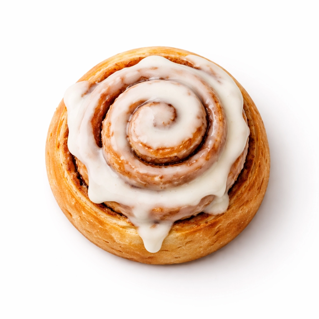 Top view of cinnamon roll with cream cheese icing on white background