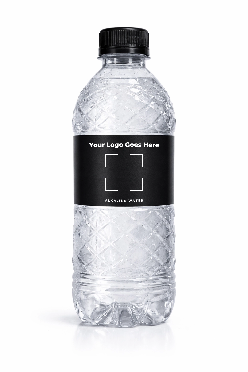 Custom branded alkaline water bottle with business logo on black label