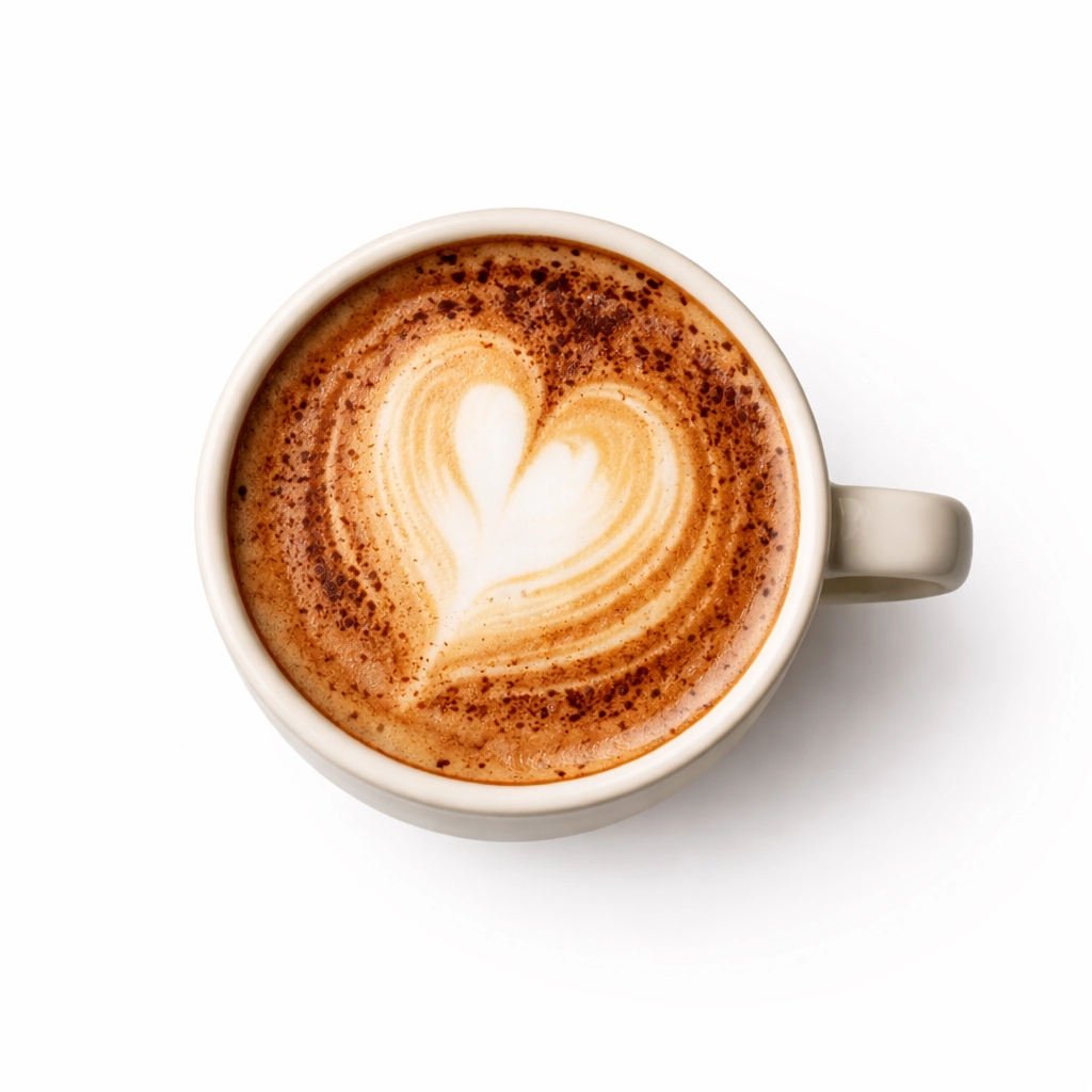 Top view of mocha coffee with cocoa dusting and latte art in a ceramic cup on white background