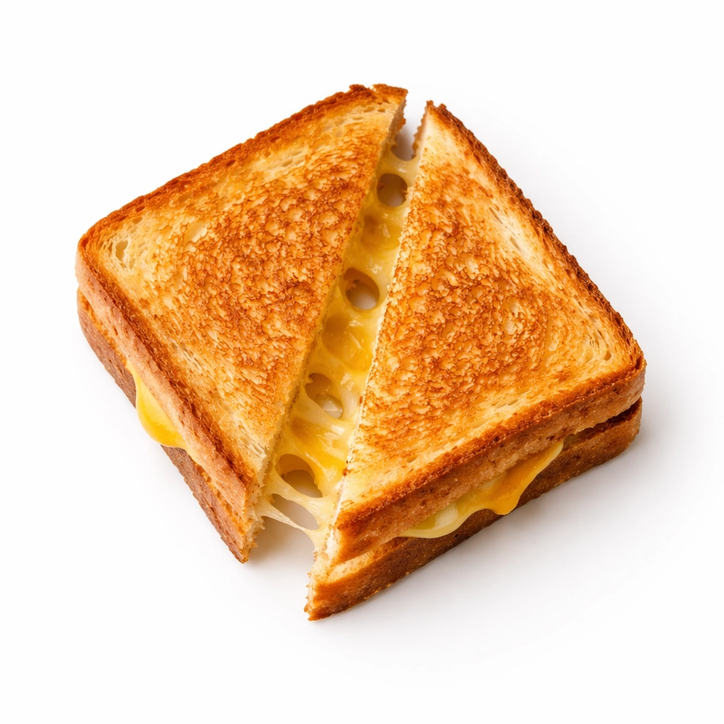 Top view of toasted cheese sandwich cut in half with melted cheese on white background