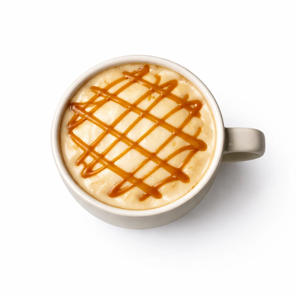 Top view of a toffee caramel latte with caramel drizzle on foam in a ceramic cup on a white background
