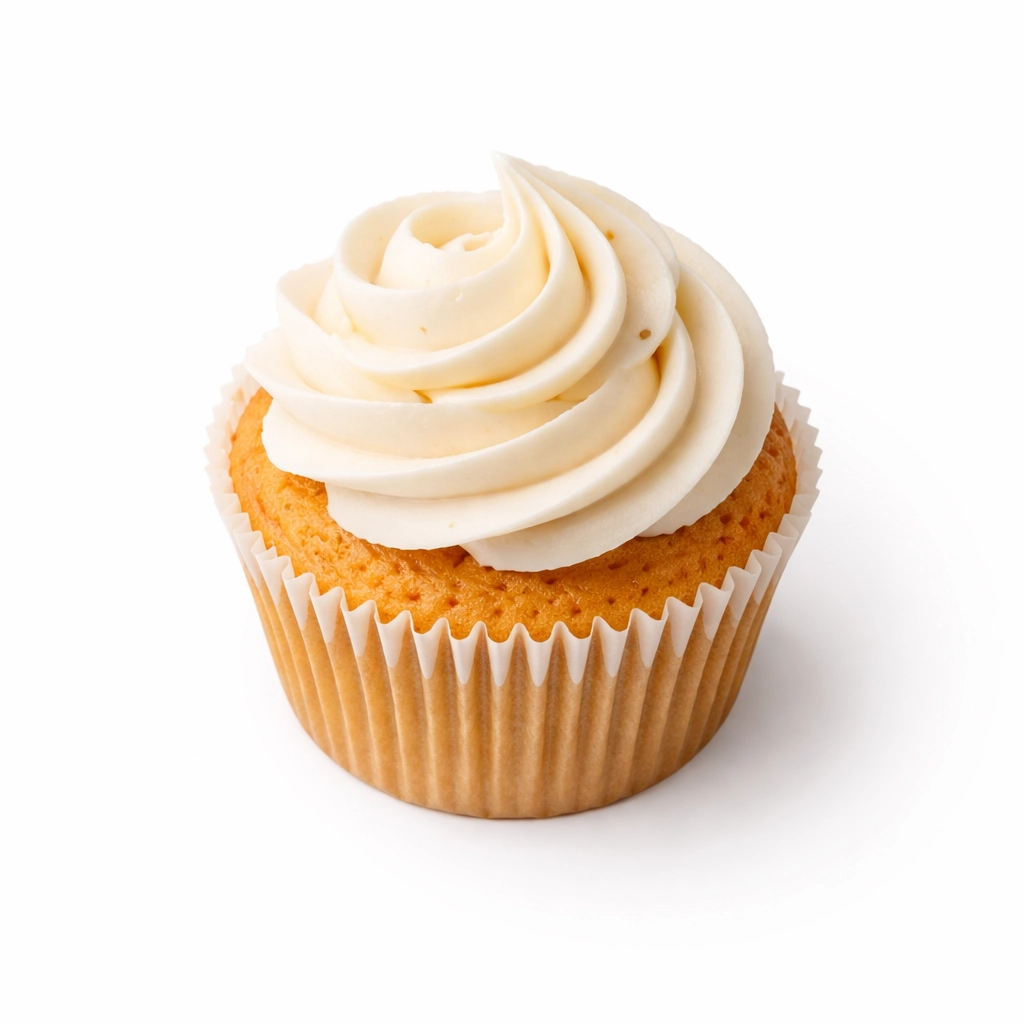 Top view of vanilla cupcake with smooth piped frosting on a white background