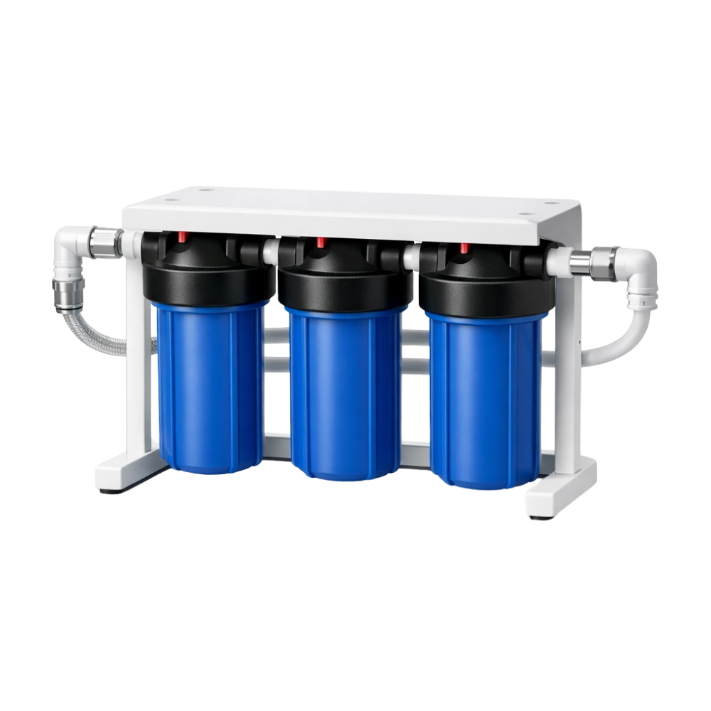 Compact 3 stage water filtration system with blue filters for home use on white background