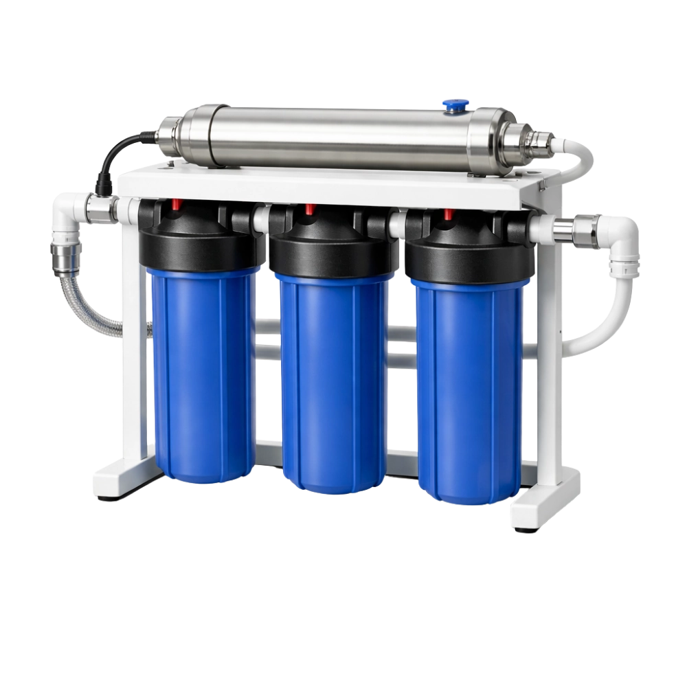 3 stage home water filtration system with UV steriliser and blue filters on white background