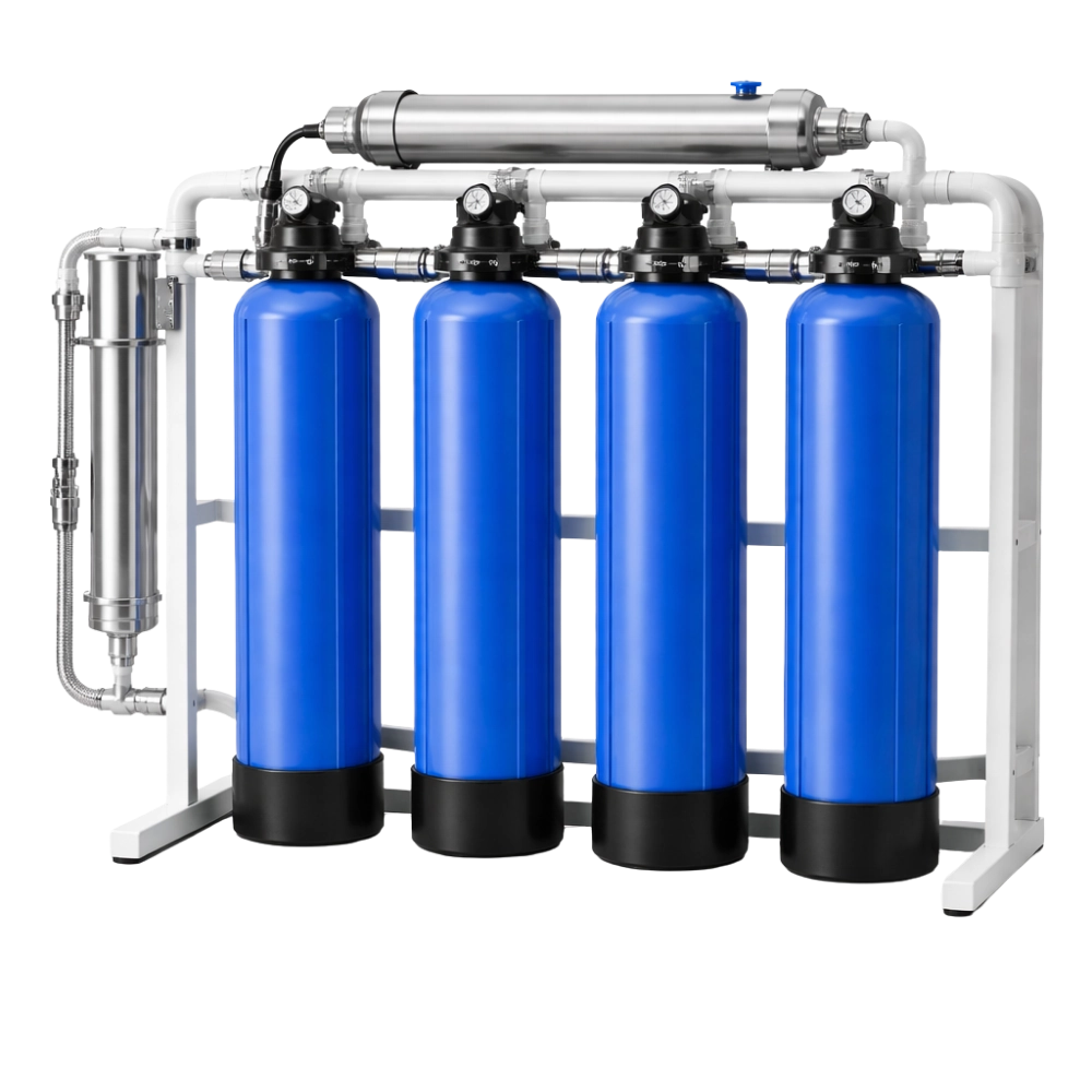 Large industrial water filtration system with four blue tanks and UV sterilisation on white background